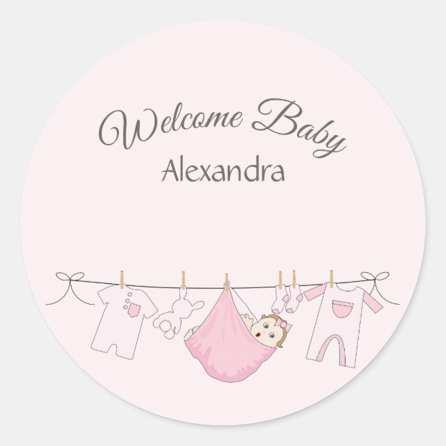 Gray and Pink Welcome Baby Girl Adorable Classic Round Sticker (Front)