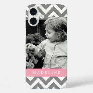 Gray and Pink Zigzags Personalized Photo iPhone 16 Plus Case