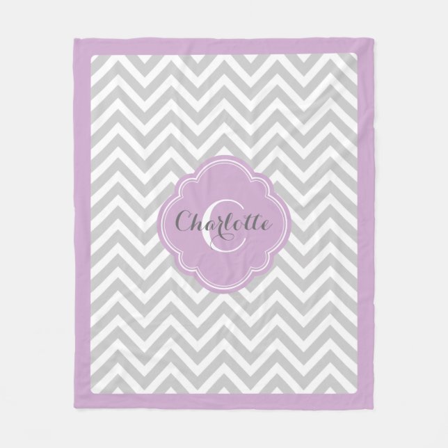 Gray and Purple Chevron Monogram Fleece Blanket (Front)