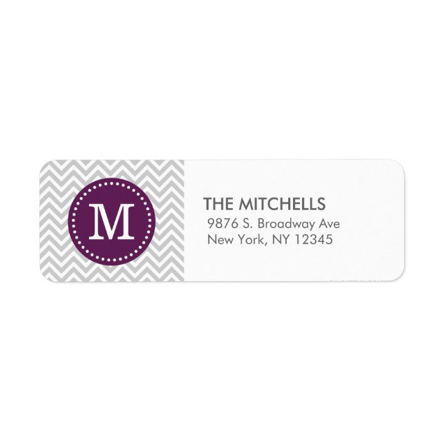 Gray and Purple Chevron Monogram Return Address Label (Front)