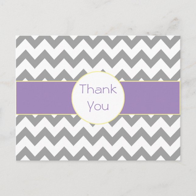 Gray and Purple Chevron Striped Thank You Postcard (Front)