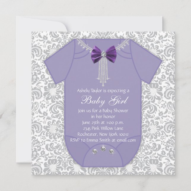 Gray and Purple Damask Baby Girl Shower Invitation (Front)