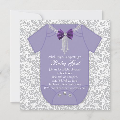 Gray and Purple Damask Baby Girl Shower Invitation