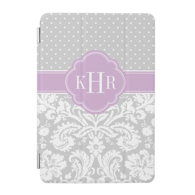Gray and Purple Damask Polka Dots Monogram iPad Mini Cover (Front)