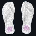 Gray and Purple Floral Damask Monogram Flip Flops<br><div class="desc">Custom printed flip flop sandals with a stylish elegant floral damask pattern and your custom monogram or other text in a circle frame. Click Customize It to change text fonts and colors or add your own images to create a unique one of a kind design!</div>