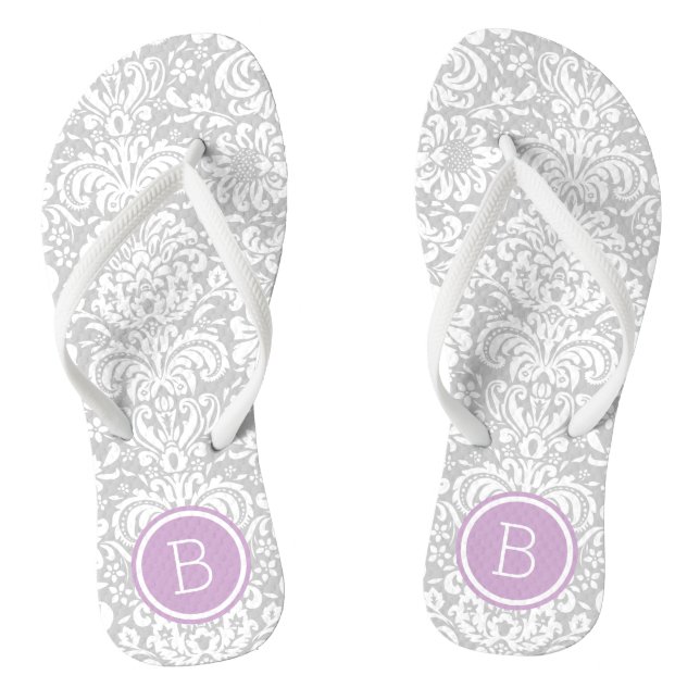 Gray and Purple Floral Damask Monogram Flip Flops (Footbed)
