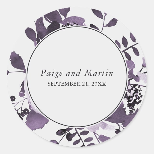 Gray and Purple Floral Save the Date Wedding Classic Round Sticker (Front)