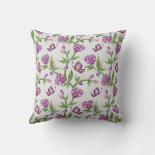 Gray and purple flower pillow with butterflies