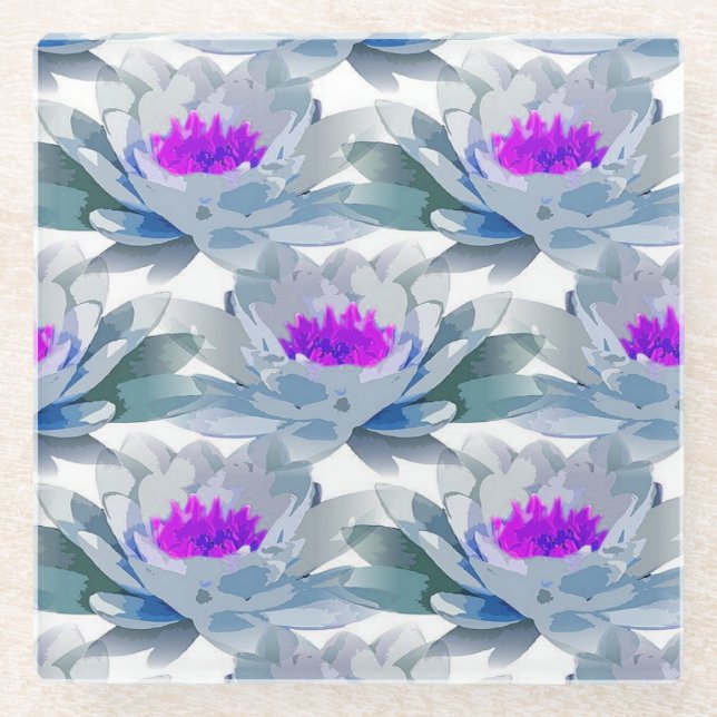 Gray and purple flowers pattern glass coaster (Front)