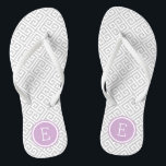 Gray and Purple Greek Key Monogram Flip Flops<br><div class="desc">Custom printed flip flop sandals with a stylish modern Greek key pattern and your custom monogram or other text in a circle frame. Click Customize It to change text fonts and colors or add your own images to create a unique one of a kind design!</div>