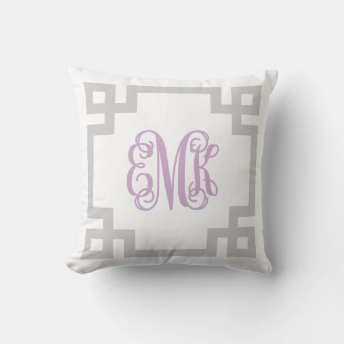 Gray and Purple Greek Key Script Monogram Throw Pillow