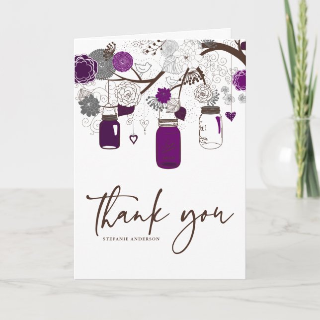 Gray and Purple Mason Jars Wedding Thank You Card (Front)