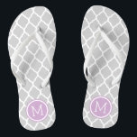 Gray and Purple Moroccan Quatrefoil Monogram Flip Flops<br><div class="desc">Custom printed flip flop sandals with a stylish Moroccan quatrefoil pattern and your custom monogram or other text in a circle frame. Click Customize It to change text fonts and colors or add your own images to create a unique one of a kind design!</div>