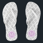 Gray and Purple Moroccan Quatrefoil Monogram Flip Flops<br><div class="desc">Custom printed flip flop sandals with a stylish Moroccan quatrefoil pattern and your custom monogram or other text in a circle frame. Click Customize It to change text fonts and colors or add your own images to create a unique one of a kind design!</div>