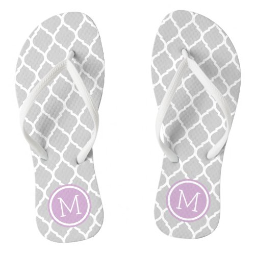 Gray and Purple Moroccan Quatrefoil Monogram Flip Flops