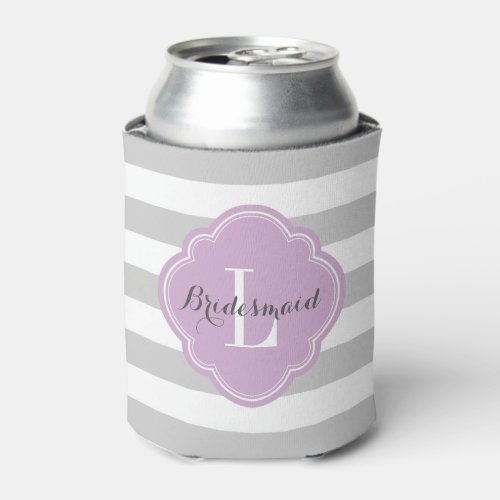 Gray and Purple Preppy Stripes Monogram Can Cooler