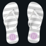 Gray and Purple Preppy Stripes Monogram Flip Flops<br><div class="desc">Custom printed flip flop sandals with a preppy nautical stripe pattern and your custom monogram or other text in a circle frame. Click Customize It to change text fonts and colors or add your own images to create a unique one of a kind design!</div>