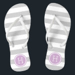 Gray and Purple Preppy Stripes Monogram Flip Flops<br><div class="desc">Custom printed flip flop sandals with a preppy nautical stripe pattern and your custom monogram or other text in a circle frame. Click Customize It to change text fonts and colors or add your own images to create a unique one of a kind design!</div>