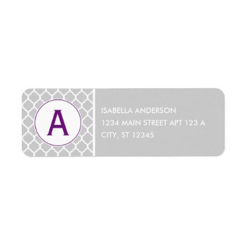 Gray And Purple Quatrefoil Monogram Label by snowfinch at Zazzle