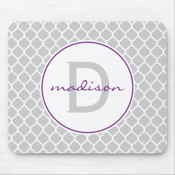 Gray And Purple Quatrefoil Monogram Mouse Pad by snowfinch at Zazzle