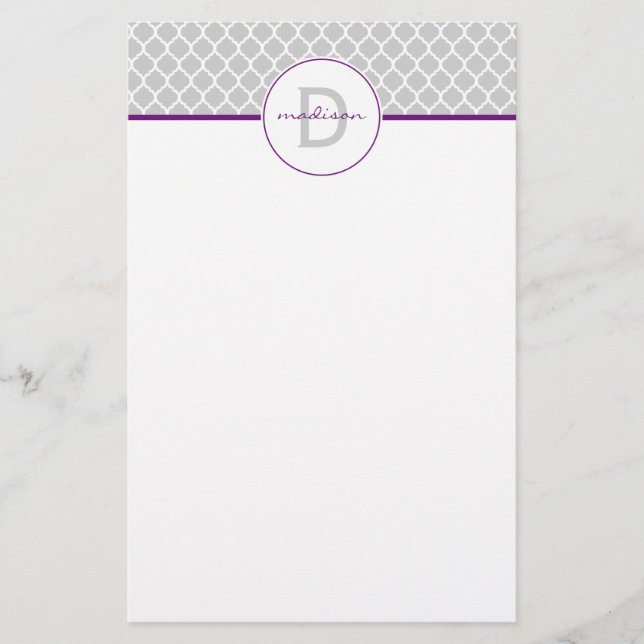 Gray and Purple Quatrefoil Monogram Stationery (Front)