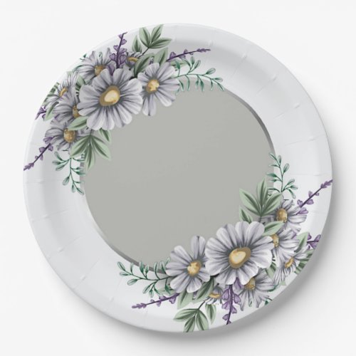 Gray and Purple watercolor Flowers Paper Plates