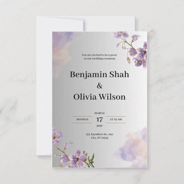 Gray and Purple Wedding Invitation (Front)