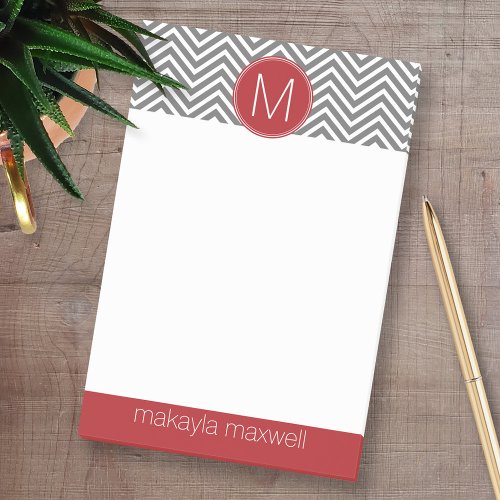 Gray and Red Chevrons with Custom Monogram Post_it Notes