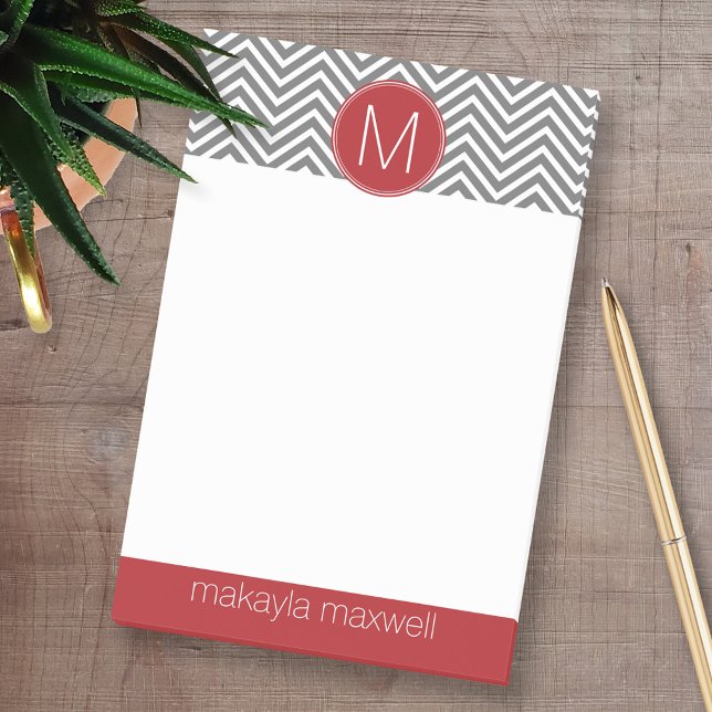 Gray and Red Chevrons with Custom Monogram Post-it Notes (Custom Post-it Note Pads - Add your name and other text)