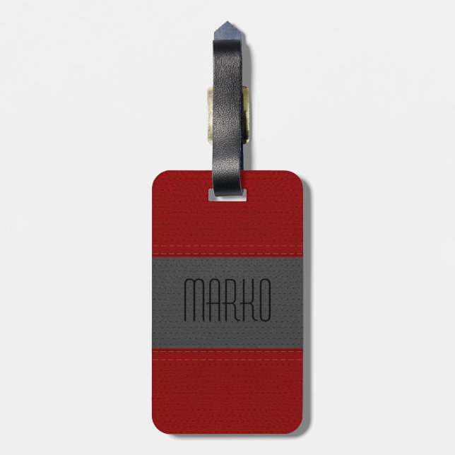 Gray And Red Faux Leather Look Luggage Tag (Back Vertical)