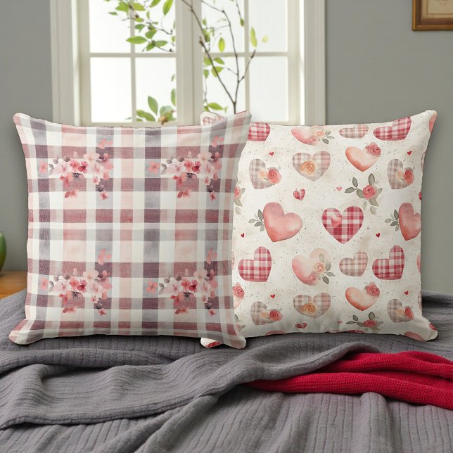 Gray and Red Gingham Hearts Double Sided Throw Pillow (Creator Uploaded)
