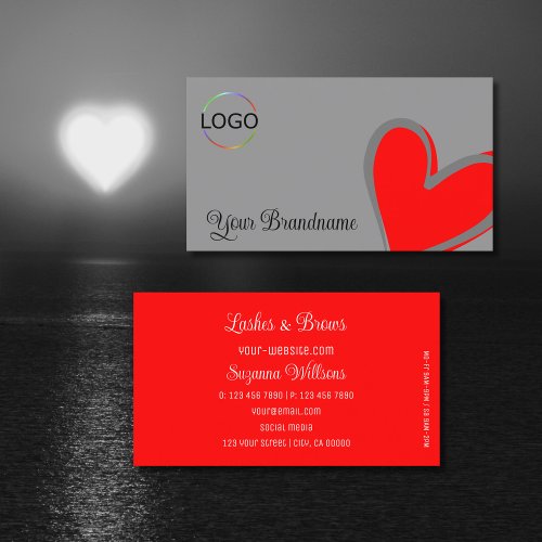 Gray and Red Gorgeous Heart Modern with Logo Cute Business Card