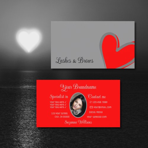 Gray and Red Gorgeous Heart Modern with Photo Cute Business Card