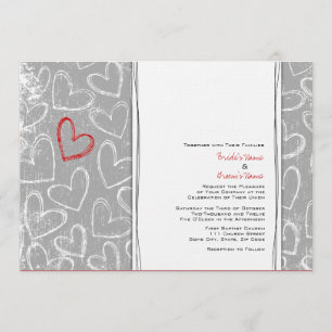 Gray and Red Grunge Hearts Wedding Invitations