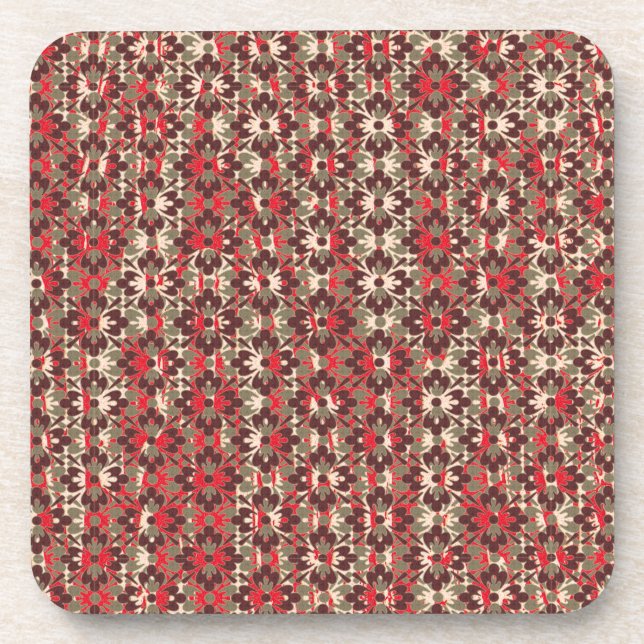 Gray and Red Patterned Flowers Beverage Coaster (Front)