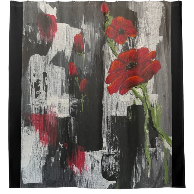 Gray and  Red Poppy Rose Shower Curtain (Front)