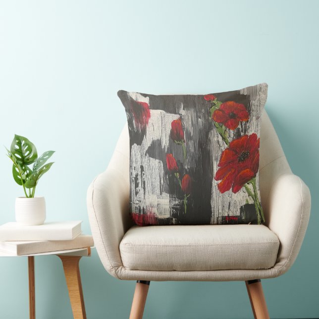 Gray and Red Poppy Rose Throw Pillow (Chair)
