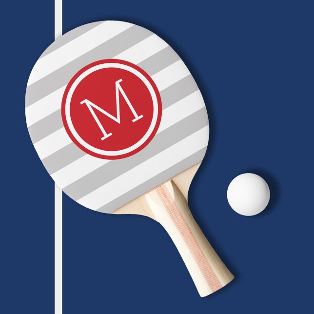 Gray and Red Preppy Stripes Monogram Ping Pong Paddle (Creator Uploaded)