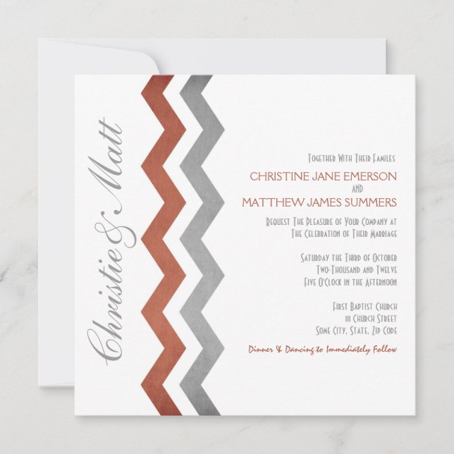 Gray and Red Zig Zag Wedding Invitations (Front)
