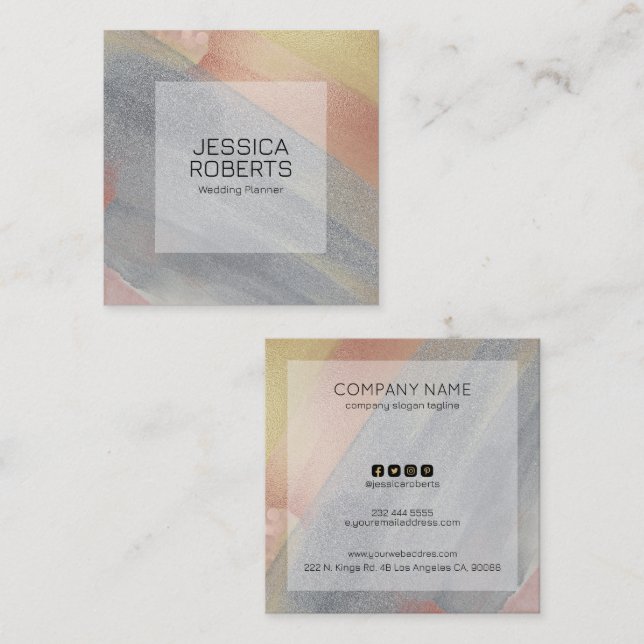 Gray and Rose-Gold Brush Strokes background Square Business Card (Front/Back)