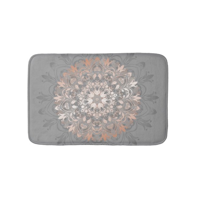 Gray And Rose Gold | Floral Mandala Bathroom Mat (Front)