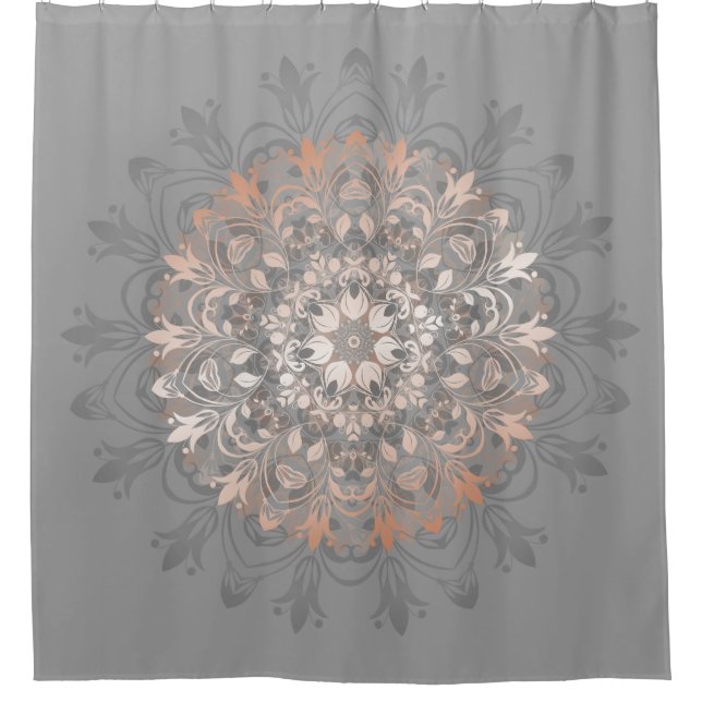 Gray And Rose Gold | Floral Mandala Shower Curtain (Front)