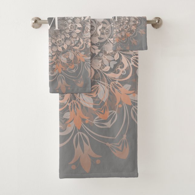 Gray And Rose Gold | Mandala Monogram Bath Towel Set (Insitu)