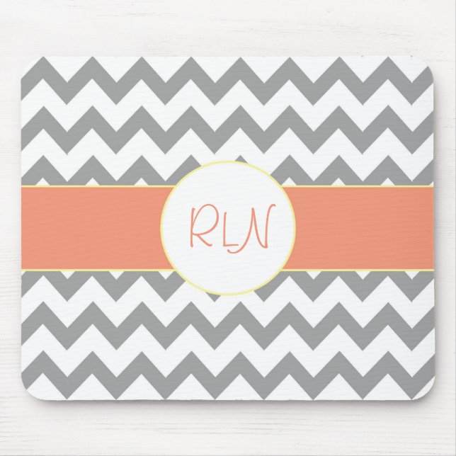 Gray and Salmon Chevron Striped Monogram Mouse Pad (Front)