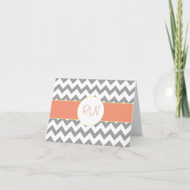 Gray and Salmon Chevron Striped Monogram Note Card (Front)