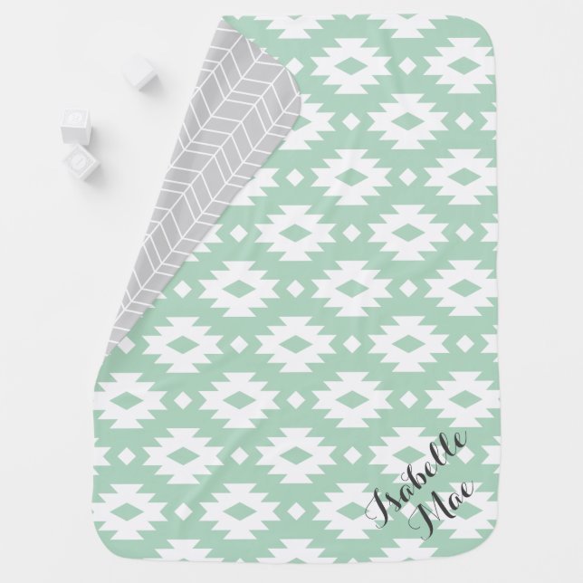 Gray and Seafoam Aztec Monogram Stroller Blanket (In Situ)