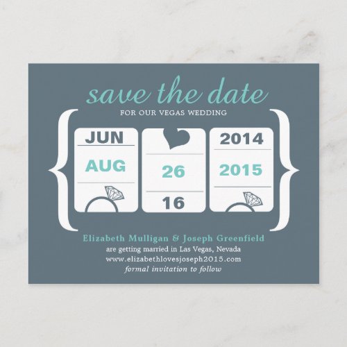 Gray and Seafoam Green Slot Machine Save the Date Announcement Postcard