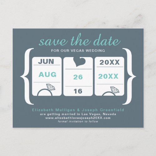 Gray and Seafoam Green Slot Machine Save the Date Announcement Postcard