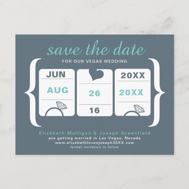 Gray and Seafoam Green Slot Machine Save the Date Announcement Postcard (Front)