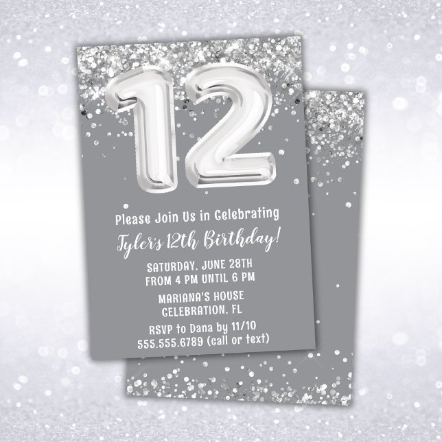 Gray and Silver 12th Birthday Invitation (Creator Uploaded)